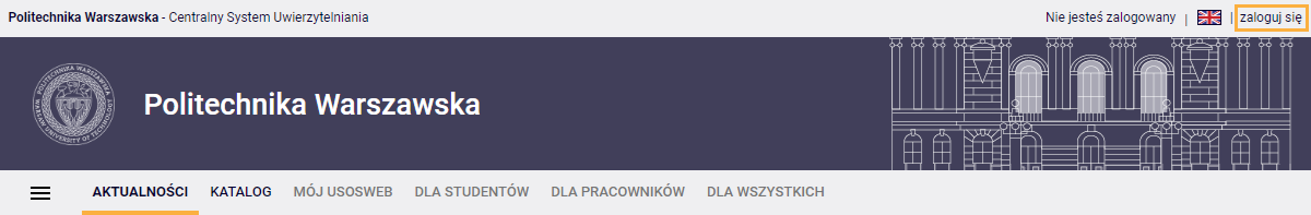 Ekran powitalny systemu USOSweb z zaznaczonym przyciskiem logowania